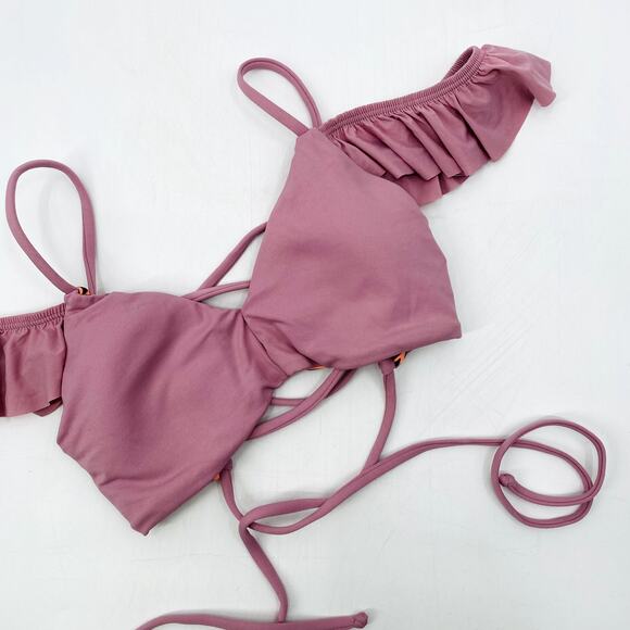 Maaji pink purple cold shoulder ruffle bikini top